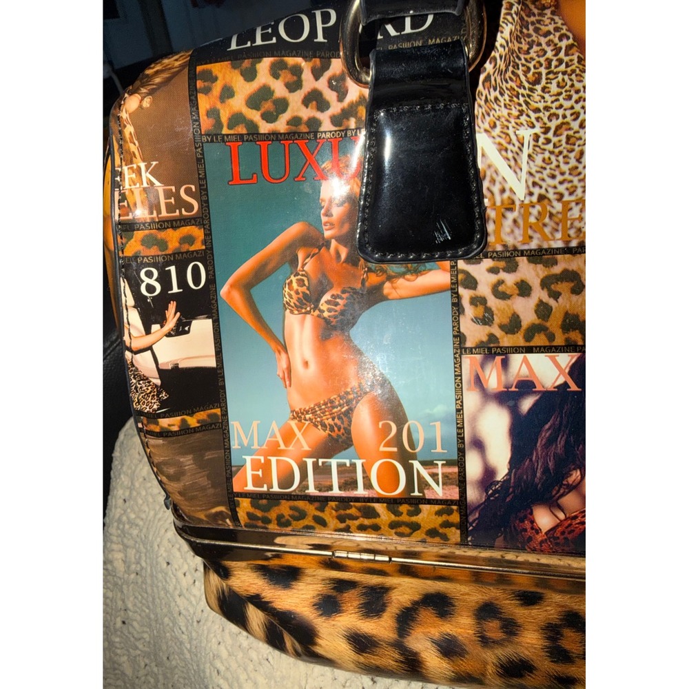 Le Miel Pasiion Leopard Magazine Print Satchel Bag Gold Frame Bottom Compartment - Picture 16 of 16